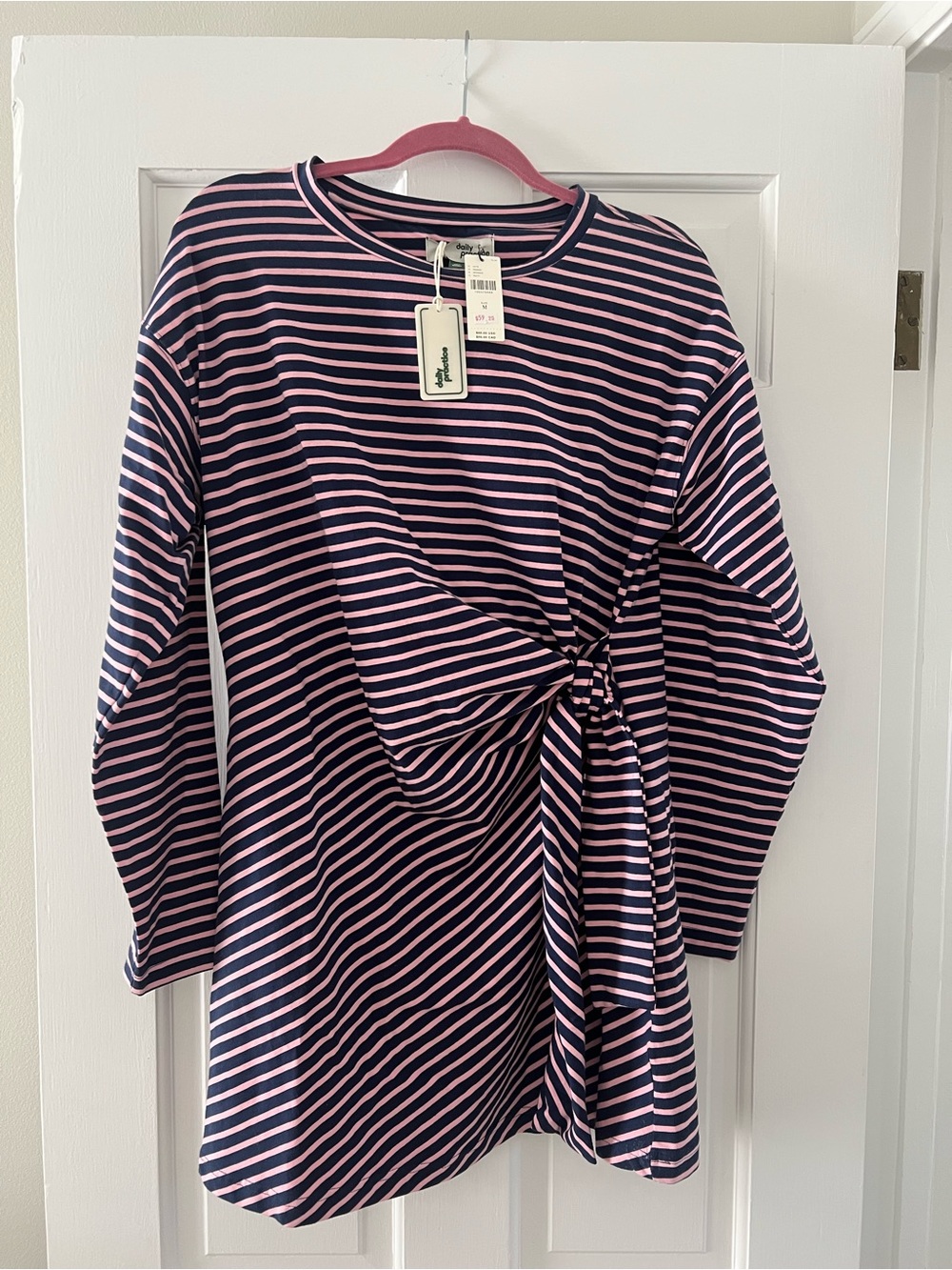 Striped Navy & Light Pink Tie-Waist Knit Dress - Picture 4 of 5